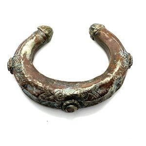 1900 Antique Tibetan cuff silver and brass carved